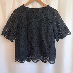 Black Lace Button Back Short Sleeve Lined Blouse, Slightly Cropped, Boxy Fit, XS